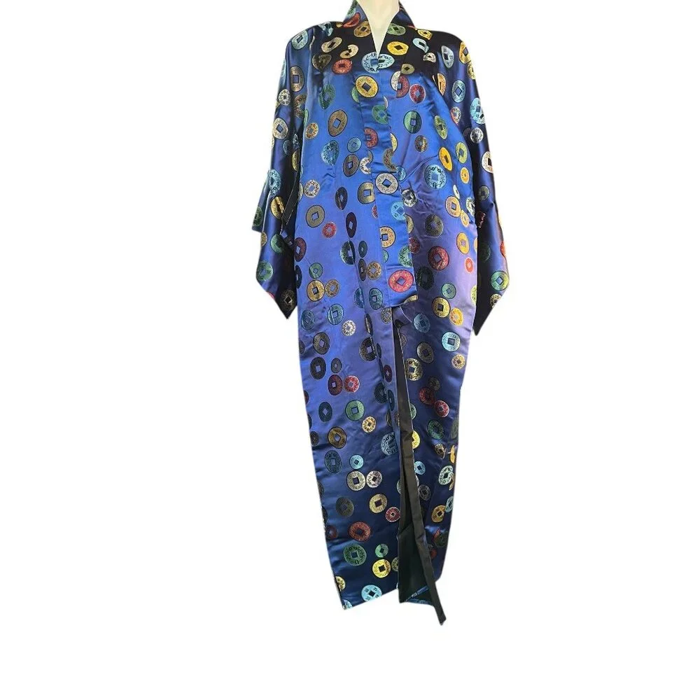 Kimono Royal Blue Satin With Multicolor Brocade Motifs Women’s Size 16 18New - Picture 1 of 12